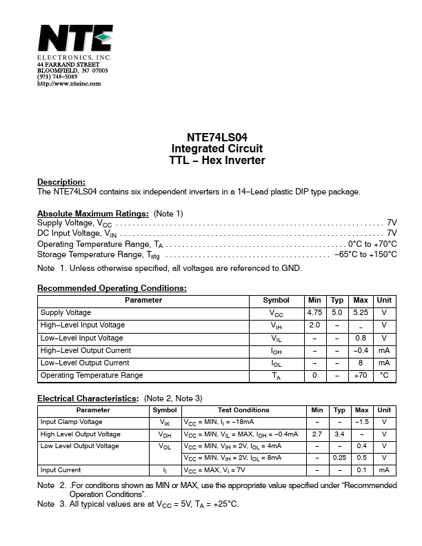 NTE74LS04