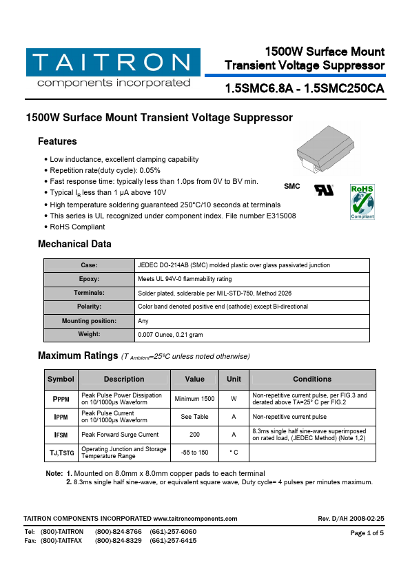 1.5SMC16CA TAITRON