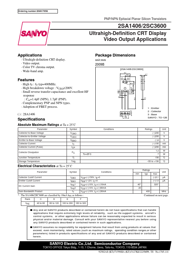 2SA1406 Sanyo Semicon Device