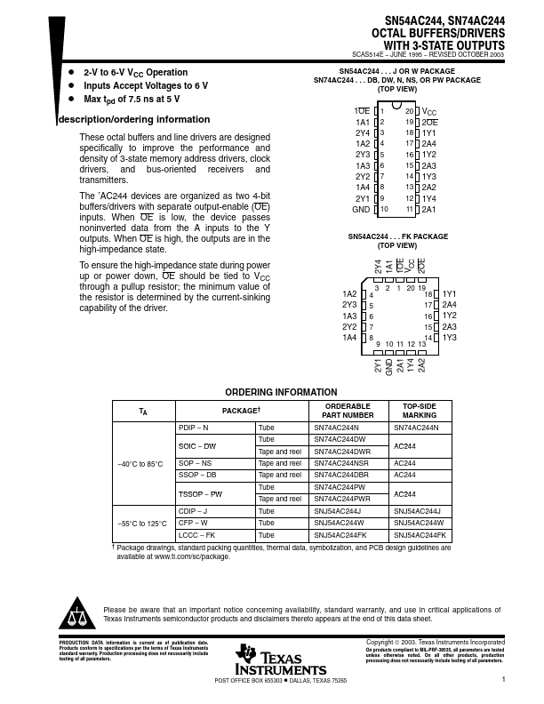 SNJ54AC244FK Texas Instruments