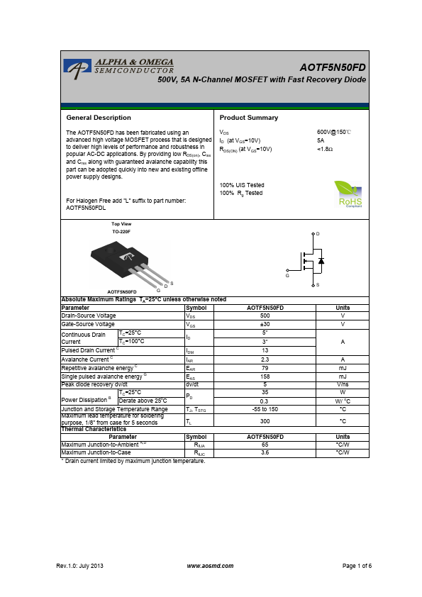 AOTF5N50FD Alpha & Omega Semiconductors