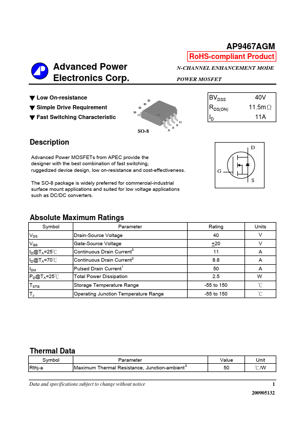 AP9467AGM Advanced Power Electronics