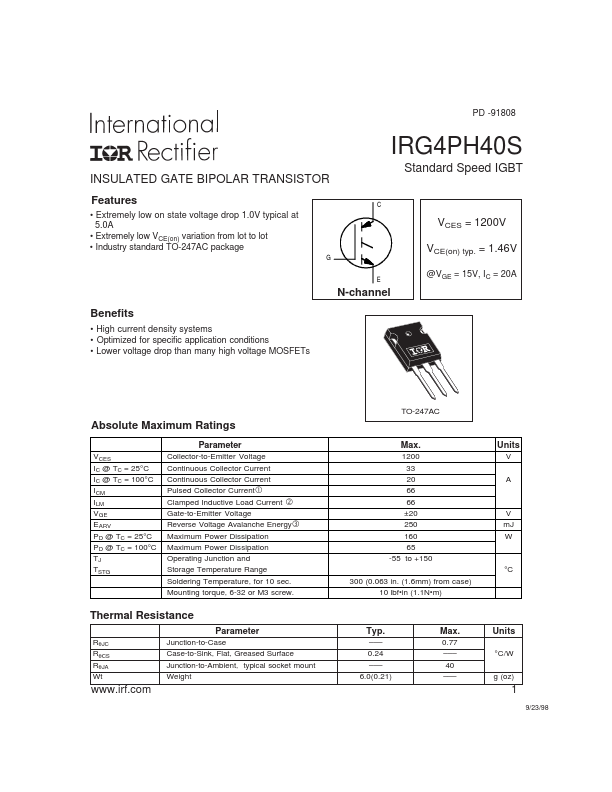 <?=IRG4PH40S?> डेटा पत्रक पीडीएफ