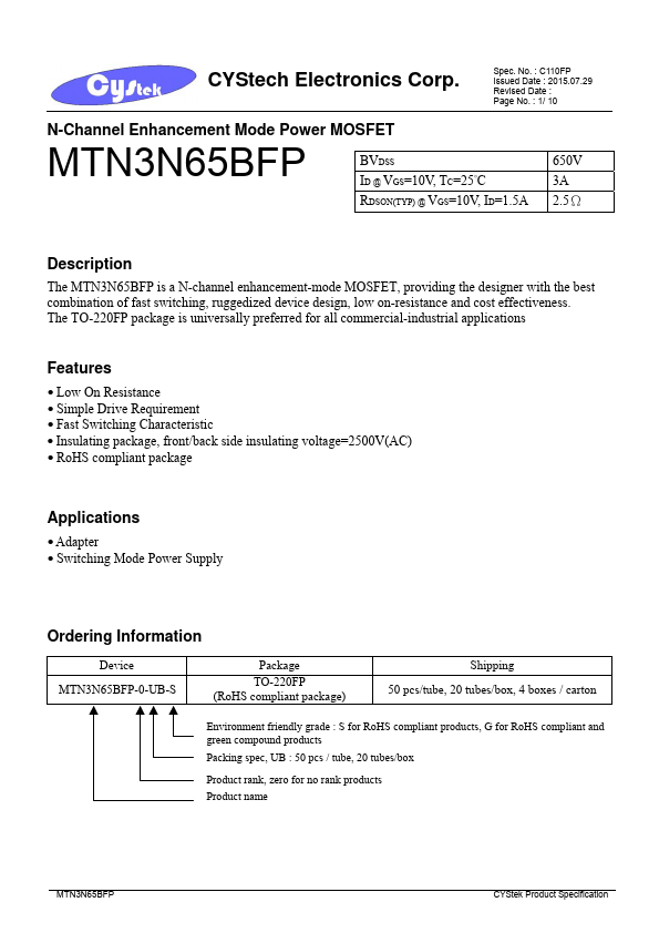 <?=MTN3N65BFP?> डेटा पत्रक पीडीएफ