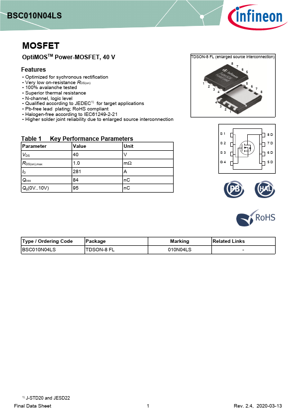 BSC010N04LS Infineon