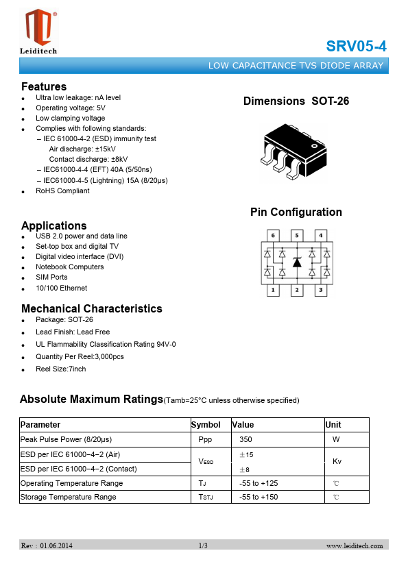 SRV05-4 ARRAY Datasheet pdf - DIODE ARRAY. Equivalent, Catalog