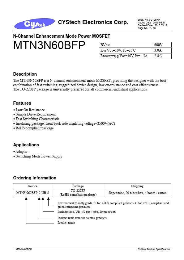 <?=MTN3N60BFP?> डेटा पत्रक पीडीएफ