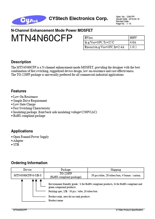 <?=MTN4N60CFP?> डेटा पत्रक पीडीएफ