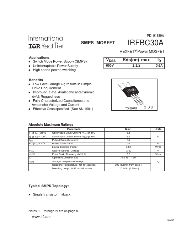 IRFBC30A International Rectifier