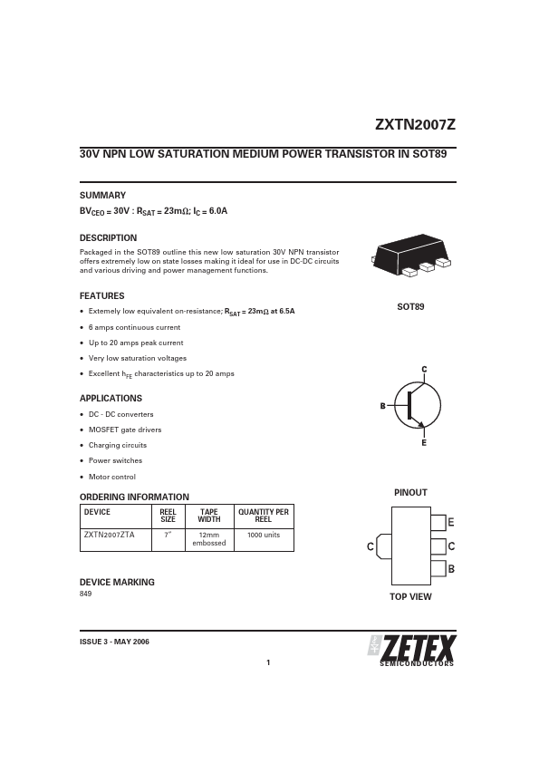 ZXTN2007Z Zetex Semiconductors