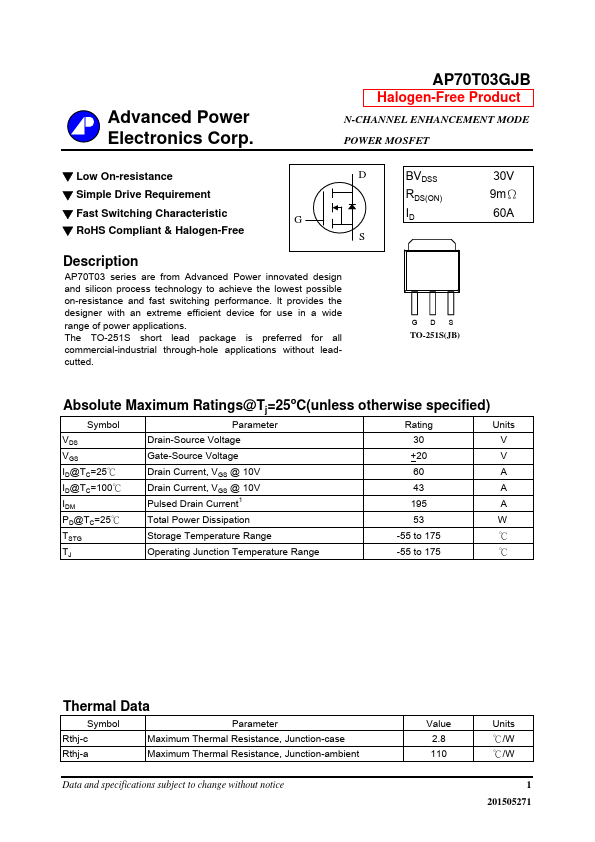 AP70T03GJB Advanced Power Electronics