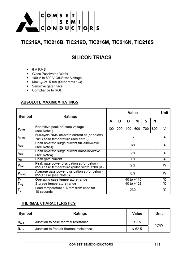 TIC216A Comset Semiconductors