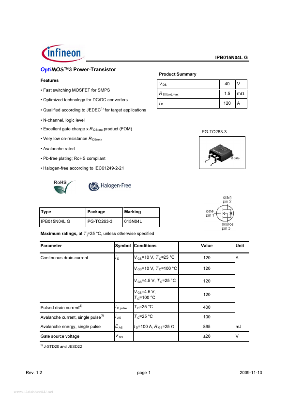 IPB015N04LG Infineon Technologies