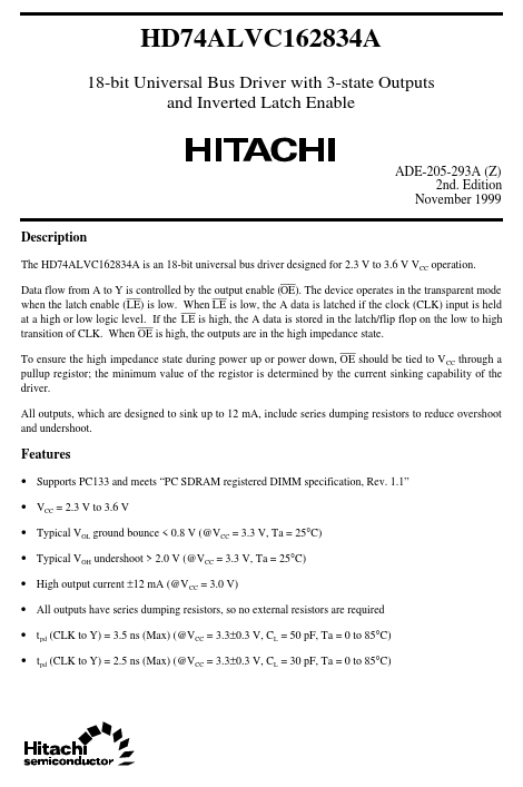 HD74ALVC162834A Hitachi Semiconductor