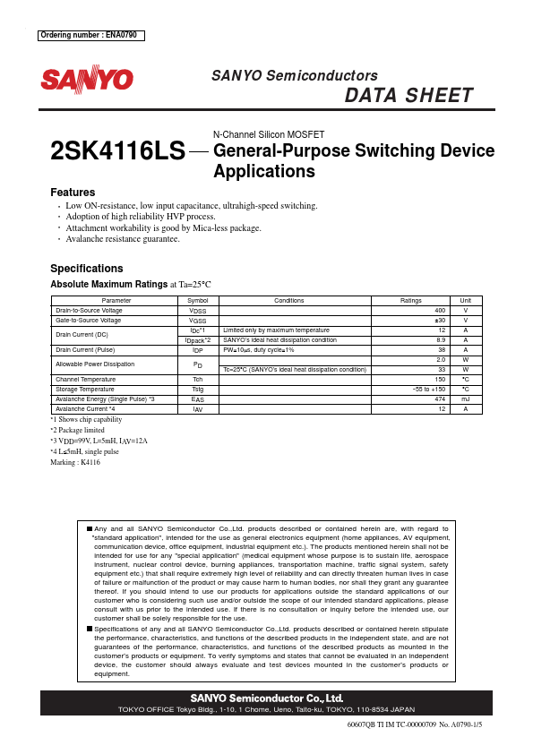 2SK4116LS Sanyo Semicon Device