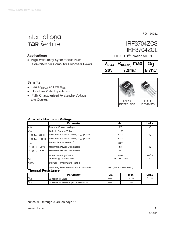 IRF3704ZCL International Rectifier