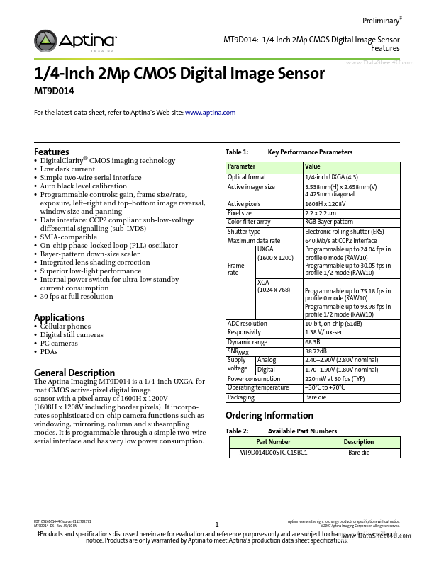 MT9D014 Aptina Imaging Corporation