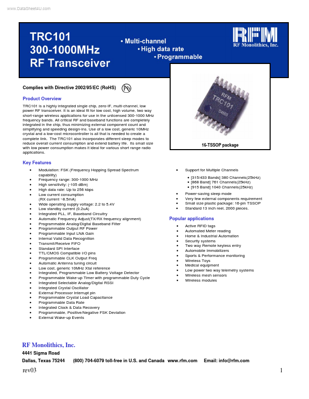 TRC101 RF Monolithics