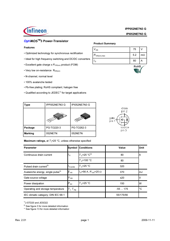 IPP052NE7N3G Infineon Technologies