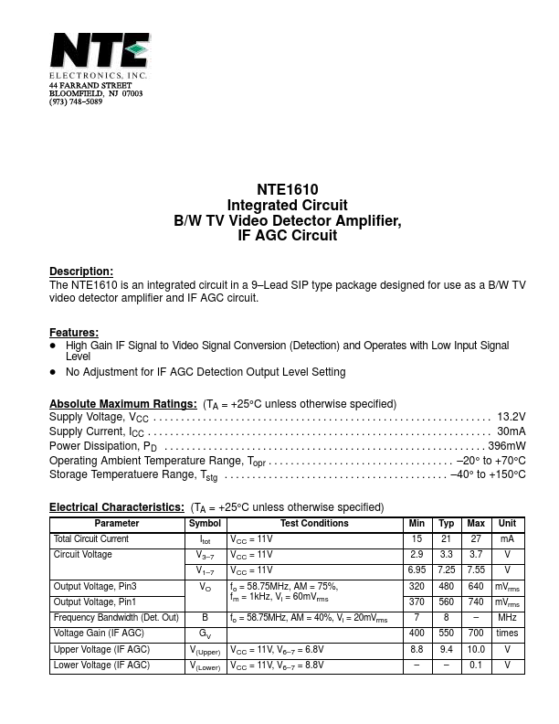 <?=NTE1610?> डेटा पत्रक पीडीएफ