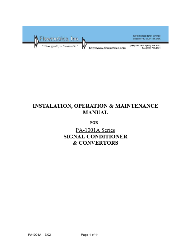 PA1001A Flowmetric