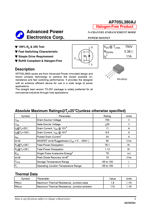 AP70SL380AJ Advanced Power Electronics