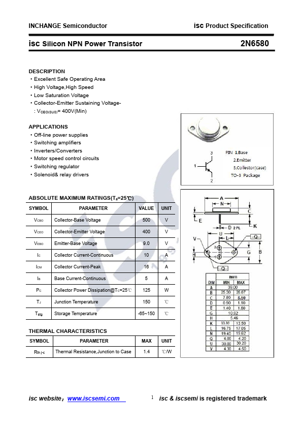 2N6580 Inchange Semiconductor