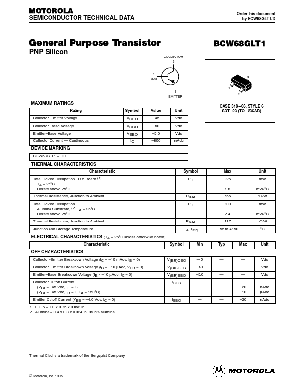 BCW68GLT1 Motorola  Inc