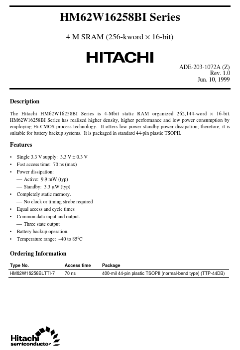 HM62W16258BI Hitachi Semiconductor