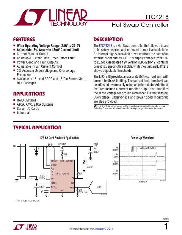 <?=LTC4218?> डेटा पत्रक पीडीएफ