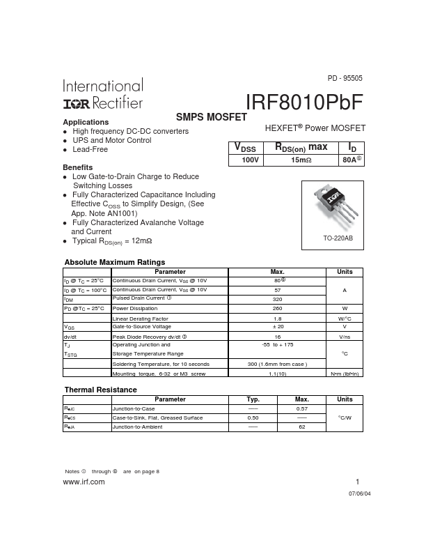 <?=IRF8010PBF?> डेटा पत्रक पीडीएफ