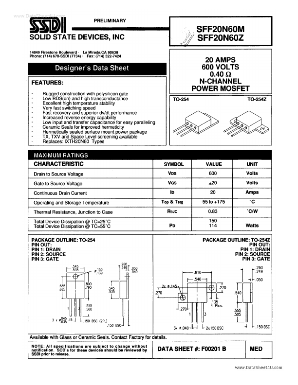 SFF20N60Z SSDI