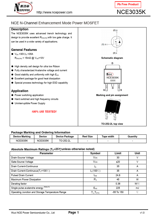 NCE3035K NCE Power Semiconductor