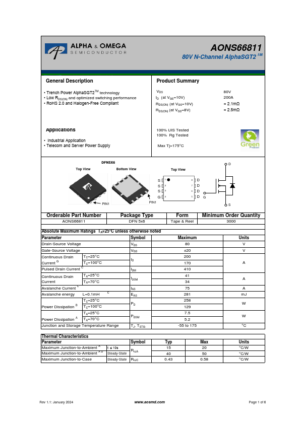 AONS66811 Alpha & Omega Semiconductors