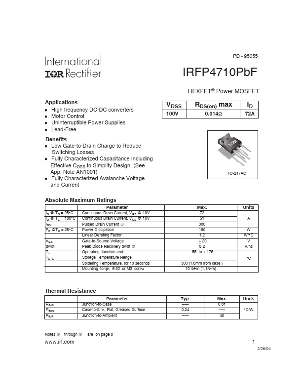 <?=IRFP4710PBF?> डेटा पत्रक पीडीएफ