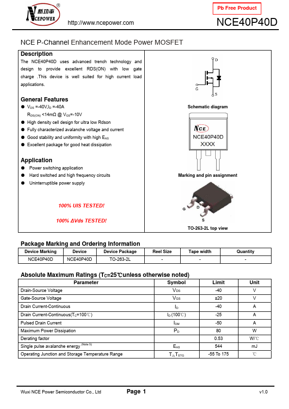 NCE40P40D NCE Power Semiconductor