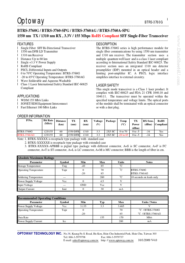 BTRS-3760-SPG Optoway Technology