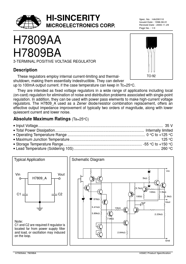H7809BA Hi-Sincerity Mocroelectronics