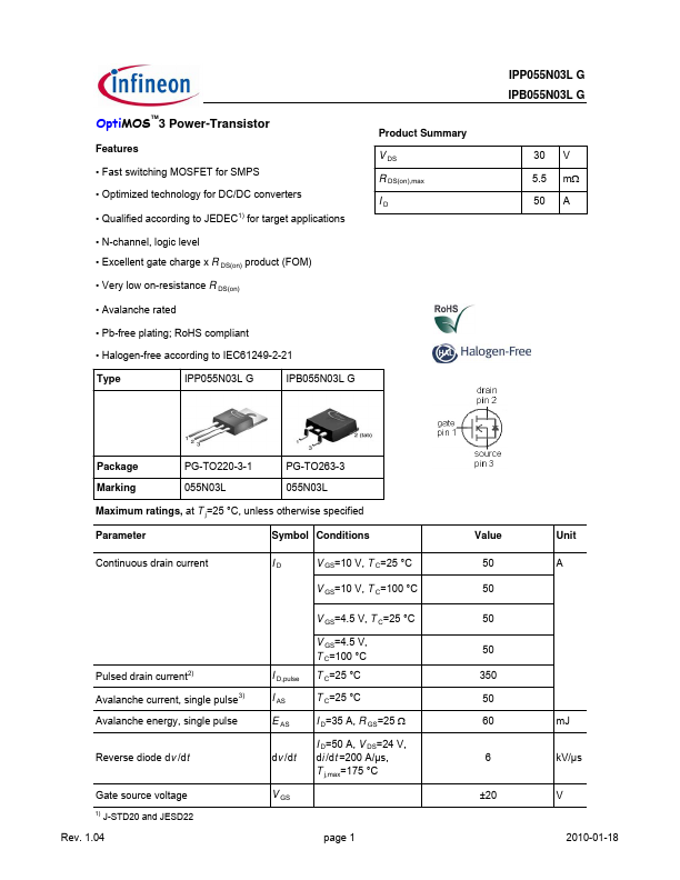 IPP055N03LG Infineon Technologies