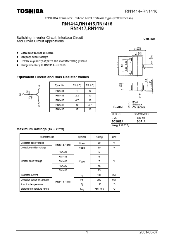 RN1417 Toshiba Semiconductor