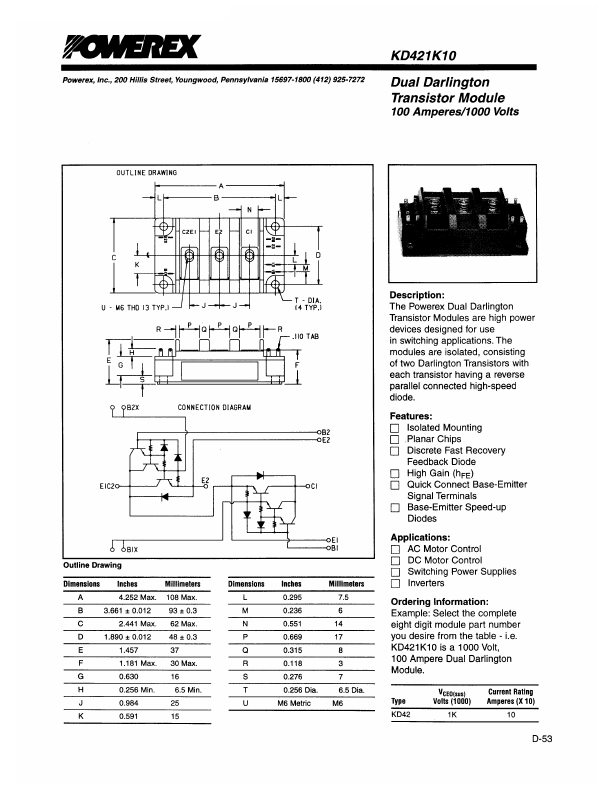 KD421K10 Powerex Power Semiconductors