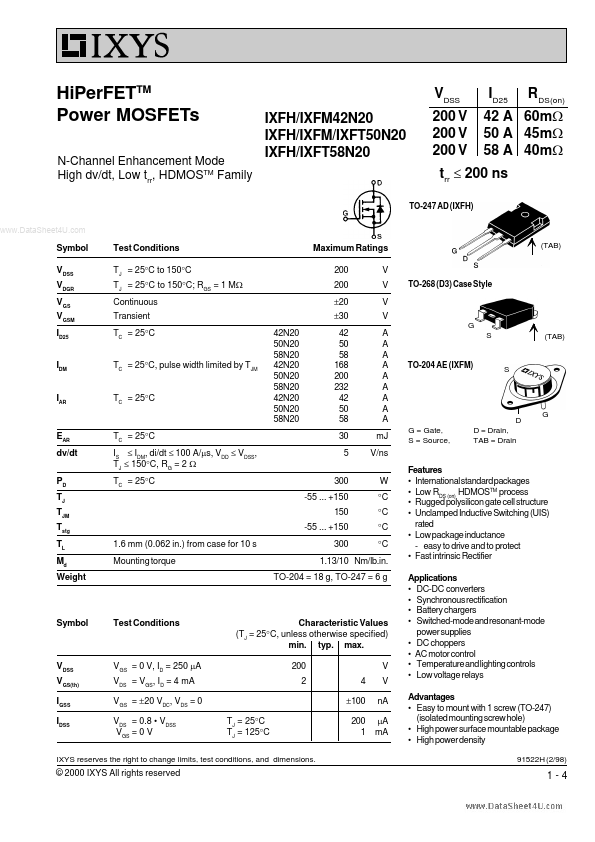 IXFH58N20 IXYS Corporation