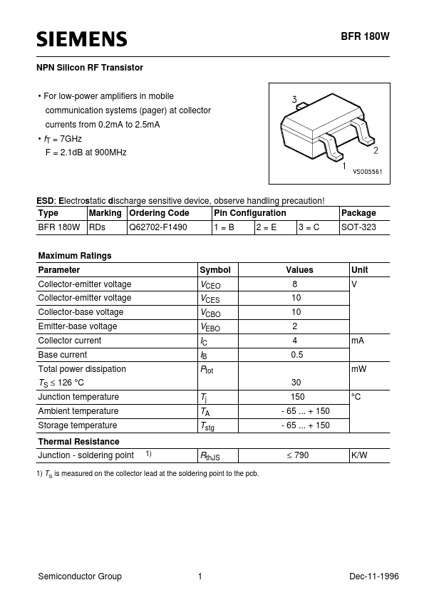 BFR180W Siemens Semiconductor Group