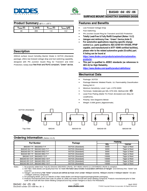 BAS40 Diodes Incorporated