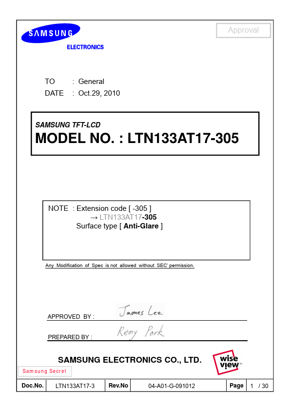 <?=LTN133AT17-305?> डेटा पत्रक पीडीएफ