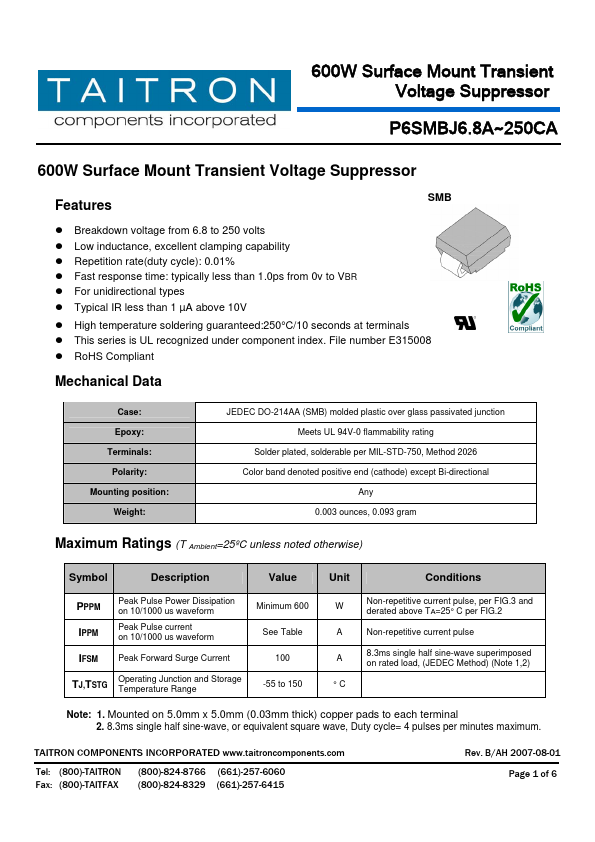 P6SMBJ150CA TAITRON