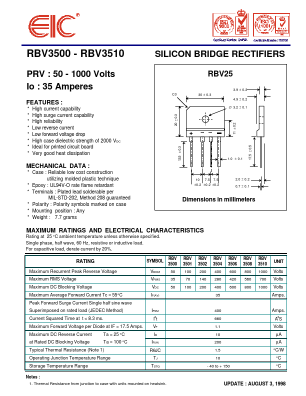 RBV3501 EIC discrete Semiconductors
