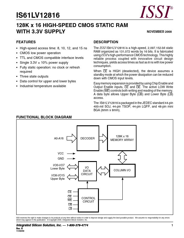 IS61LV12816 Integrated Silicon Solution