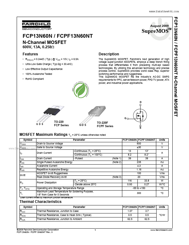 <?=FCPF13N60NT?> डेटा पत्रक पीडीएफ