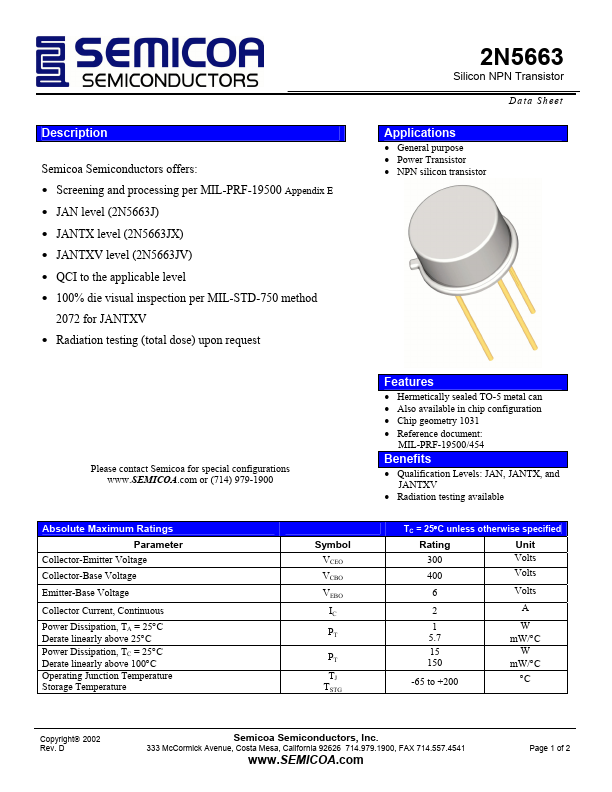 2N5663 Semicoa Semiconductor